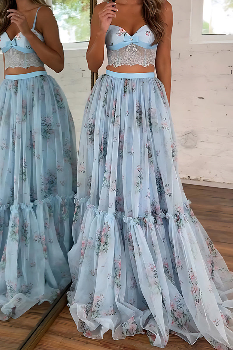 Load image into Gallery viewer, Blue Spaghetti Straps A-Line Print Long Prom Dress with Lace Up Back