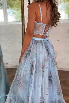 Blue Spaghetti Straps A-Line Print Long Prom Dress with Lace Up Back