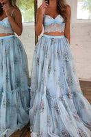 Load image into Gallery viewer, Blue Spaghetti Straps A-Line Print Long Prom Dress with Lace Up Back