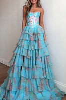 Load image into Gallery viewer, Blue A Line Floral Tiered Corset Long Prom Dress with Ruffles