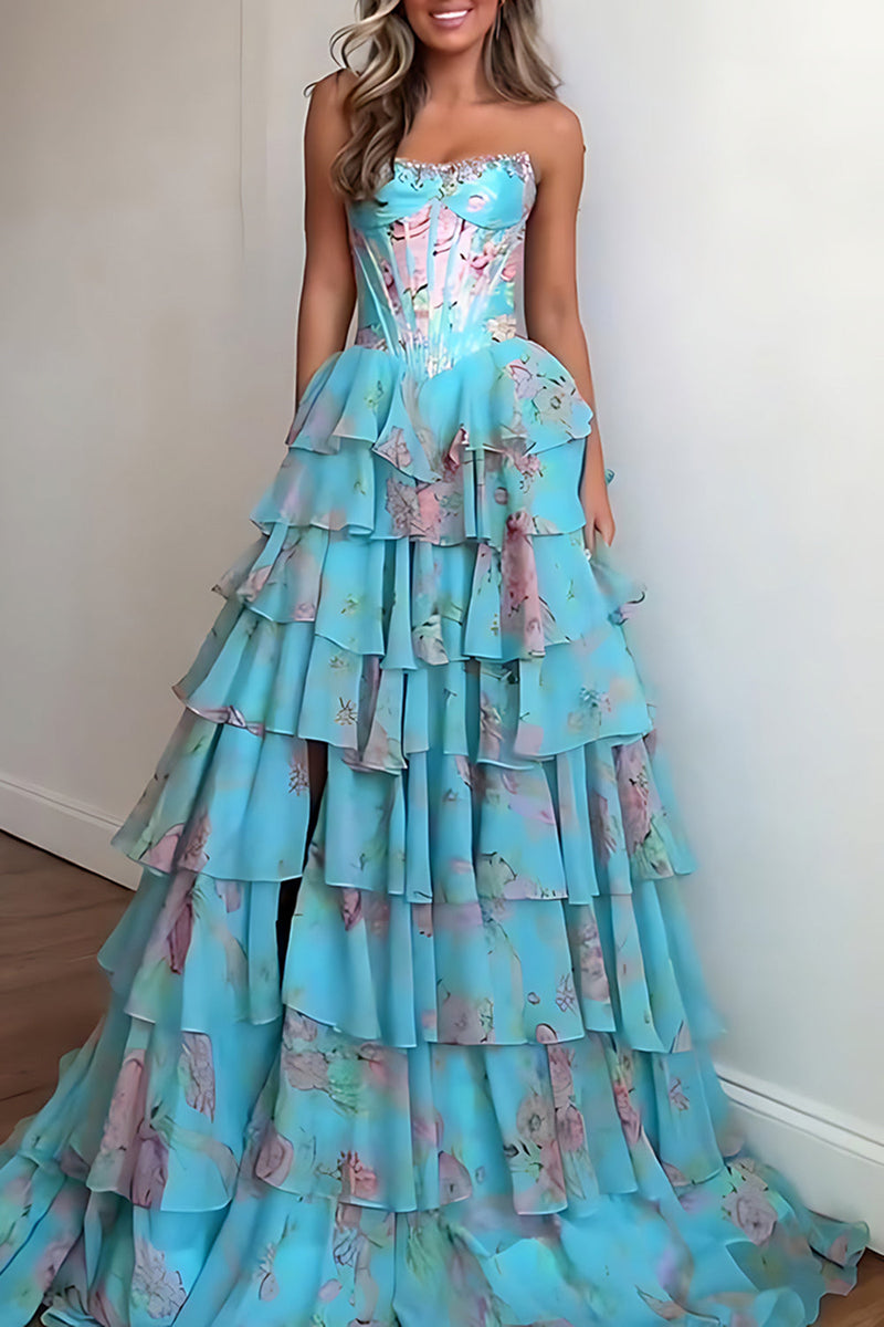 Load image into Gallery viewer, Blue A Line Floral Tiered Corset Long Prom Dress with Ruffles