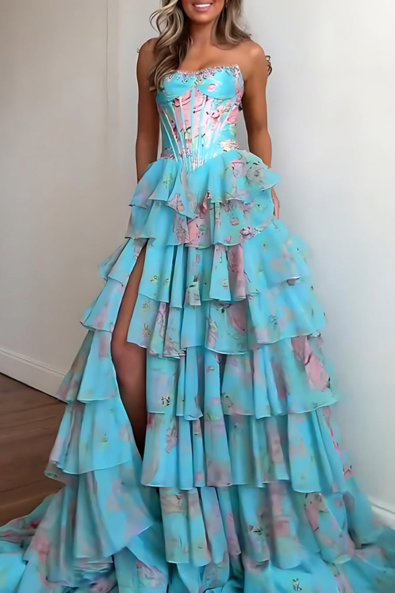 Load image into Gallery viewer, Blue A Line Floral Tiered Corset Long Prom Dress with Ruffles