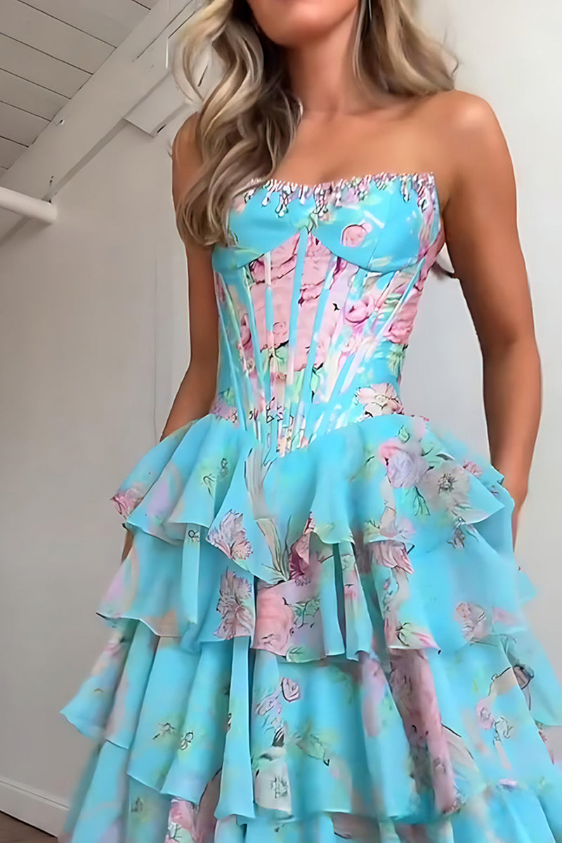 Load image into Gallery viewer, Blue A Line Floral Tiered Corset Long Prom Dress with Ruffles