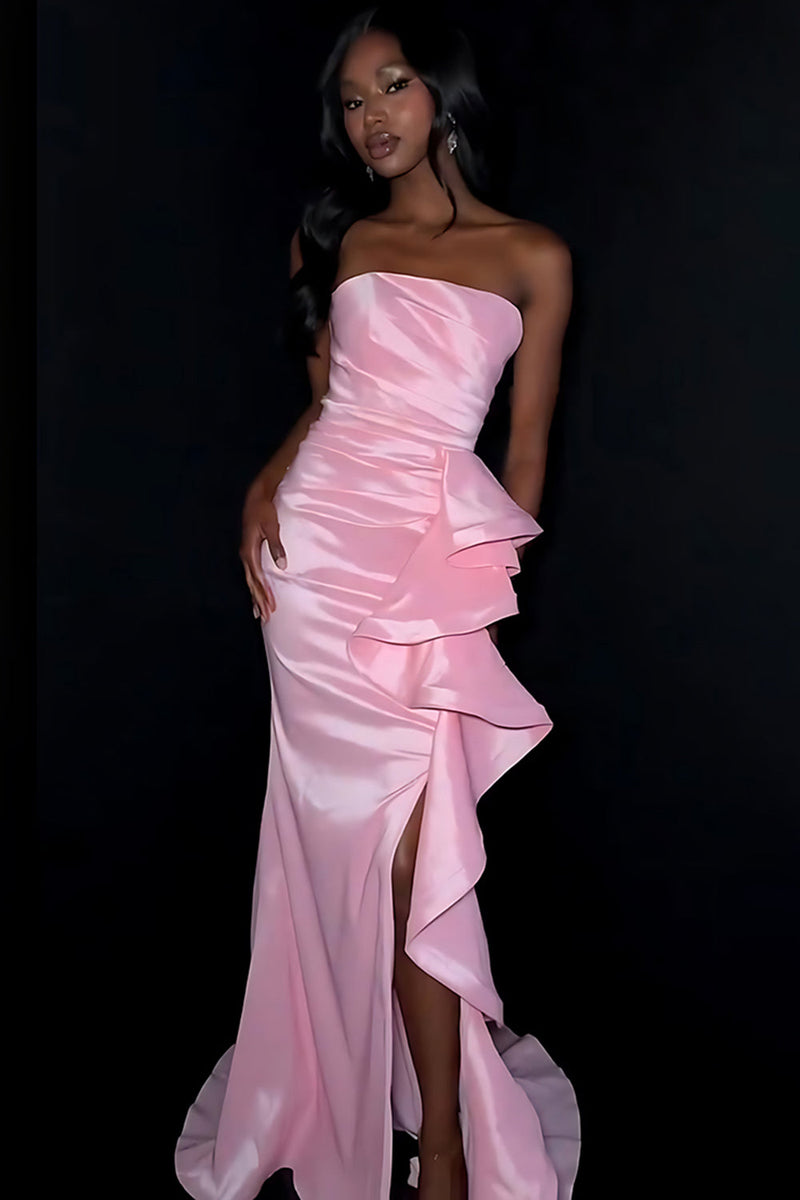 Load image into Gallery viewer, Pink Ruffled Mermaid Ruched Strapless Long Prom Dress with Slit