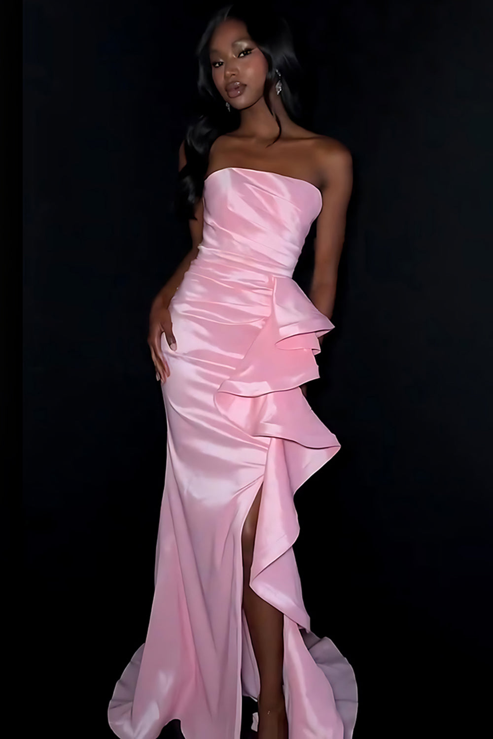 Pink Ruffled Mermaid Ruched Strapless Long Prom Dress with Slit
