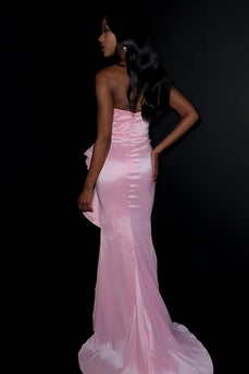Pink Ruffled Mermaid Ruched Strapless Long Prom Dress with Slit