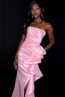 Load image into Gallery viewer, Pink Ruffled Mermaid Ruched Strapless Long Prom Dress with Slit