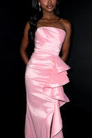 Load image into Gallery viewer, Pink Ruffled Mermaid Ruched Strapless Long Prom Dress with Slit