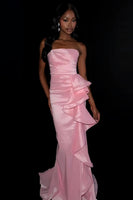 Load image into Gallery viewer, Pink Ruffled Mermaid Ruched Strapless Long Prom Dress with Slit