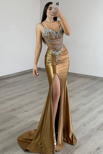 Spaghetti Straps Dark Golden Mermaid Corset Long Satin Prom Dress with Rhinestones