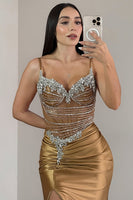 Load image into Gallery viewer, Spaghetti Straps Dark Golden Mermaid Corset Long Satin Prom Dress with Rhinestones
