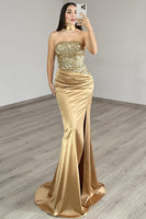 Load image into Gallery viewer, Sparkly Golden Strapless Mermaid Long Prom Dress with Slit