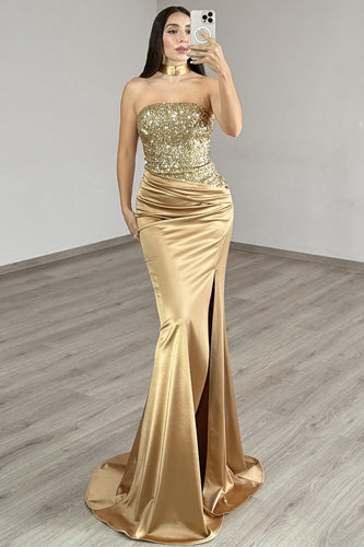 Sparkly Golden Strapless Mermaid Long Prom Dress with Slit