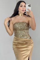 Load image into Gallery viewer, Sparkly Golden Strapless Mermaid Long Prom Dress with Slit