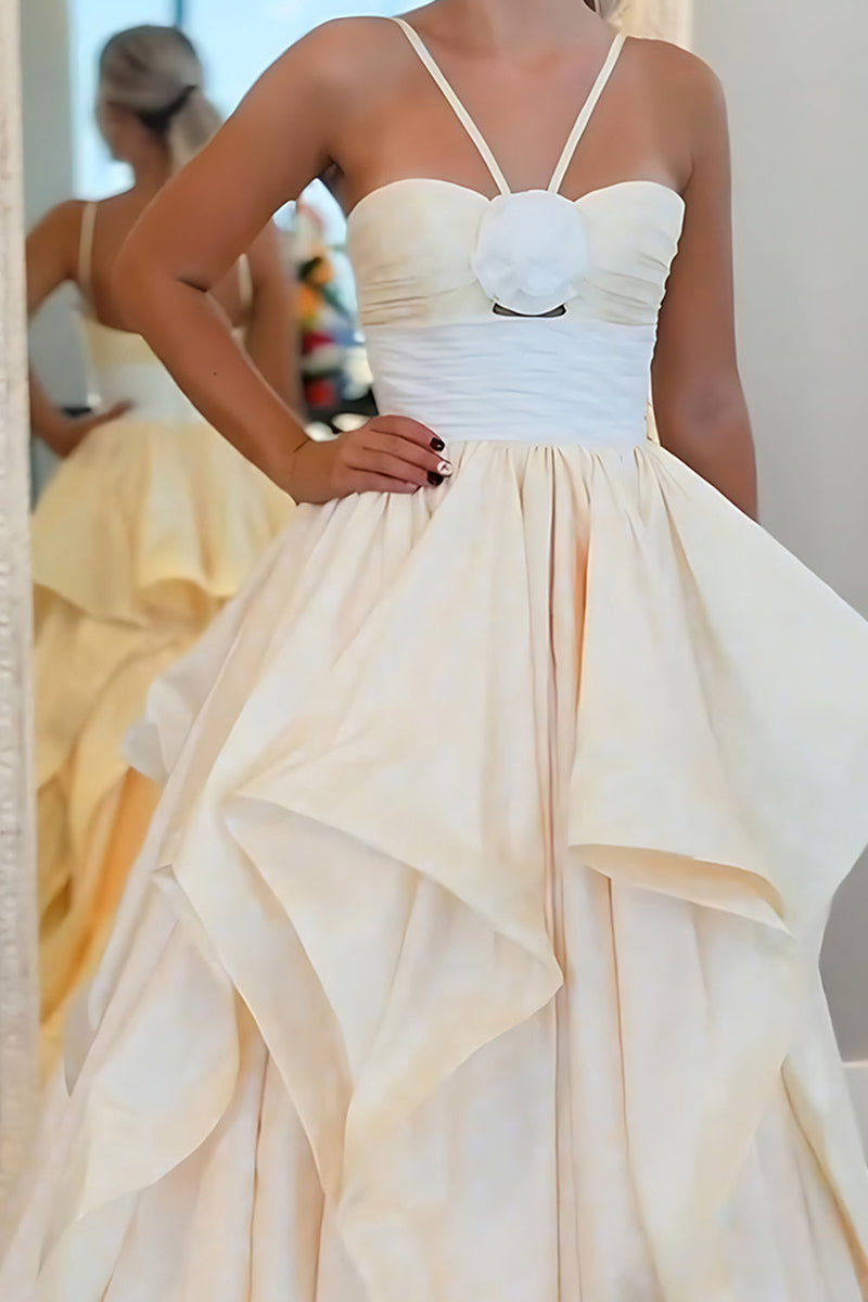 Load image into Gallery viewer, Apricot 3D Flower A Line Long Prom Dress with Ruffles