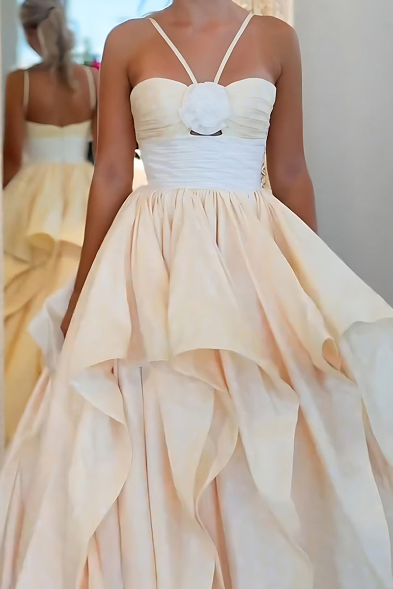 Load image into Gallery viewer, Apricot 3D Flower A Line Long Prom Dress with Ruffles