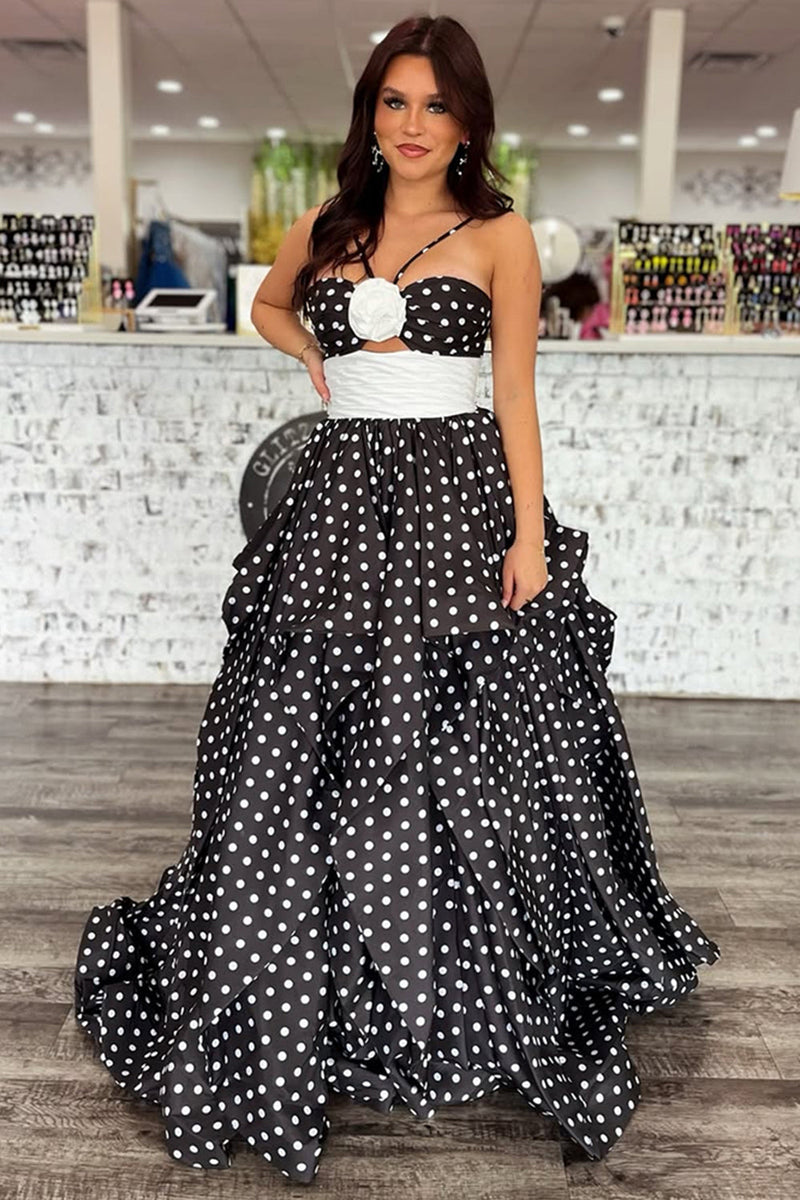 Load image into Gallery viewer, Black White Dot Spaghetti Straps Ruffled A-Line Long Prom Dress with 3D Flower