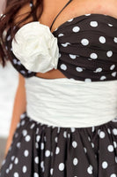 Load image into Gallery viewer, Black White Dot Spaghetti Straps Ruffled A-Line Long Prom Dress with 3D Flower