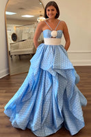 Load image into Gallery viewer, Blue White Dots A Line Long Prom Dress with Ruffles