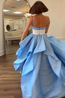 Blue White Dots A Line Long Prom Dress with Ruffles