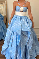 Load image into Gallery viewer, Blue White Dots A Line Long Prom Dress with Ruffles