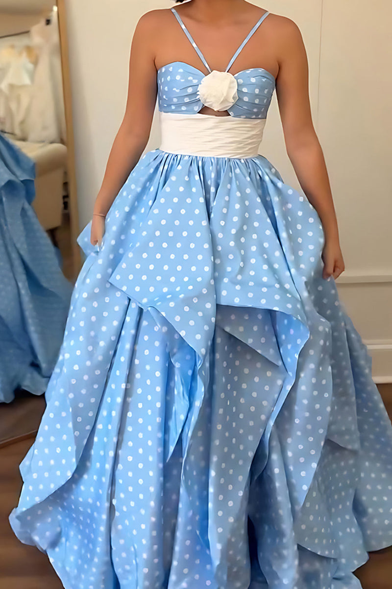 Load image into Gallery viewer, Blue White Dots A Line Long Prom Dress with Ruffles