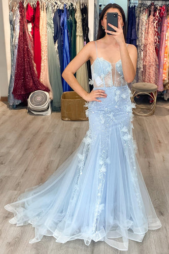 Blue Mermaid Spaghetti Straps Corset Long Prom Dress with Butterfly