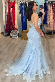 Blue Mermaid Spaghetti Straps Corset Long Prom Dress with Butterfly