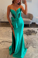 Load image into Gallery viewer, Green Strapless Corset Sheath Long Prom Dress with Slit