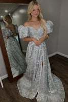Load image into Gallery viewer, Grey Blue Jacquard A-Line Puff Sleeves Long Prom Dress with Slit