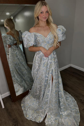 Grey Blue Jacquard A-Line Puff Sleeves Long Prom Dress with Slit