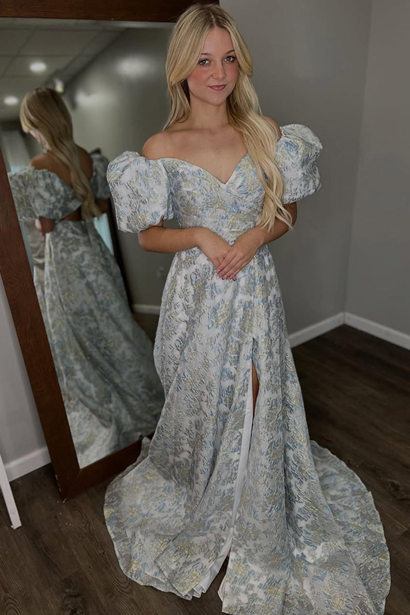 Load image into Gallery viewer, Grey Blue Jacquard A-Line Puff Sleeves Long Prom Dress with Slit