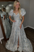 Load image into Gallery viewer, Grey Blue Jacquard A-Line Puff Sleeves Long Prom Dress with Slit