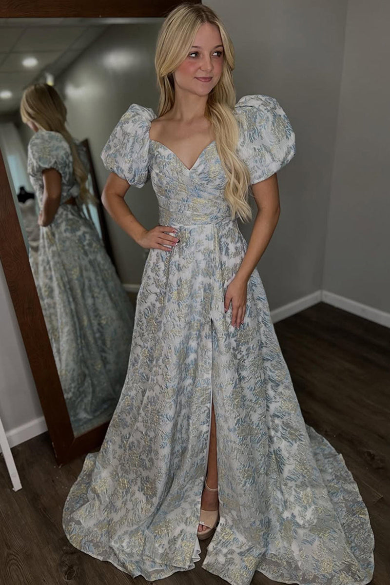 Load image into Gallery viewer, Grey Blue Jacquard A-Line Puff Sleeves Long Prom Dress with Slit