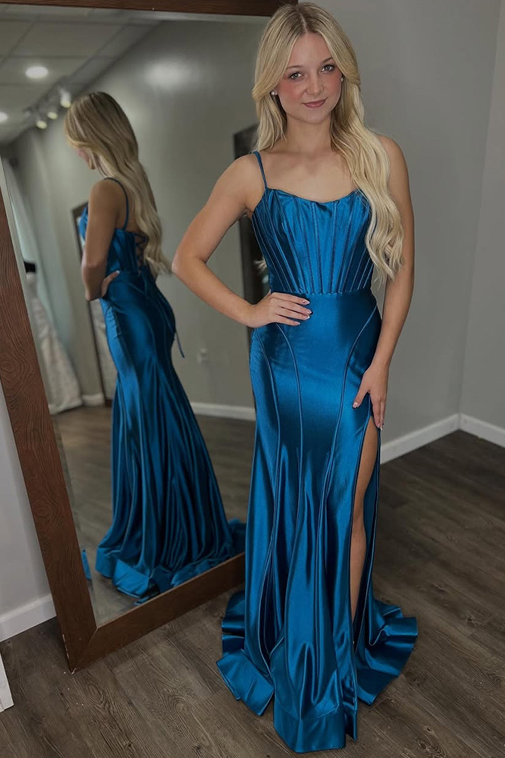 Dark Blue Spaghetti Straps Corset Sheath Long Prom Dress with Slit