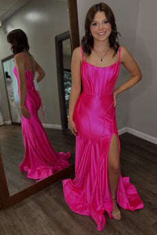 Dark Blue Spaghetti Straps Corset Sheath Long Prom Dress with Slit