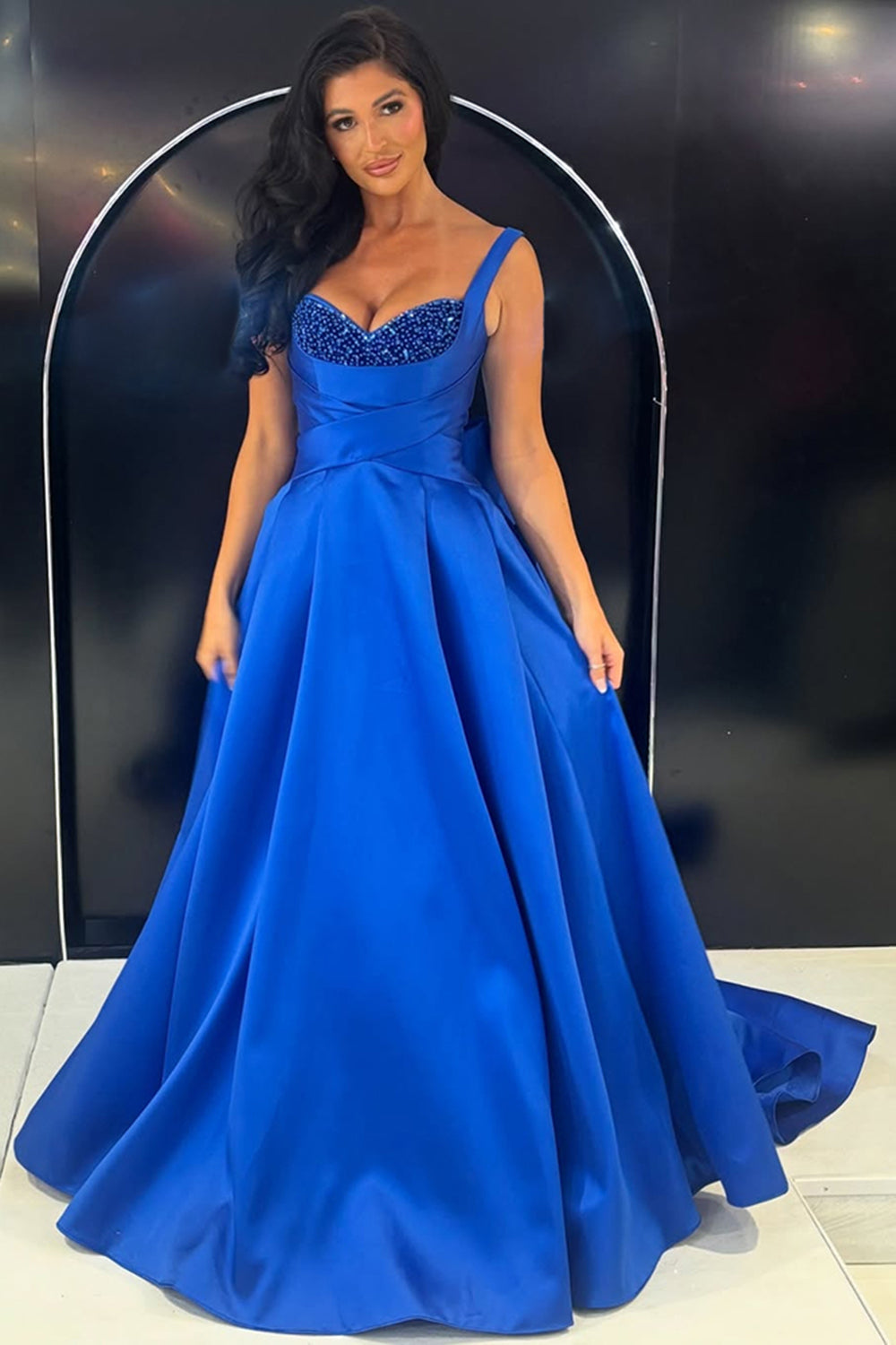 Royal Blue Sweetheart A-Line Beaded Long Prom Dress with Bow
