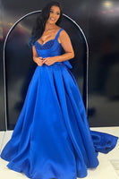 Load image into Gallery viewer, Royal Blue Sweetheart A-Line Beaded Long Prom Dress with Bow