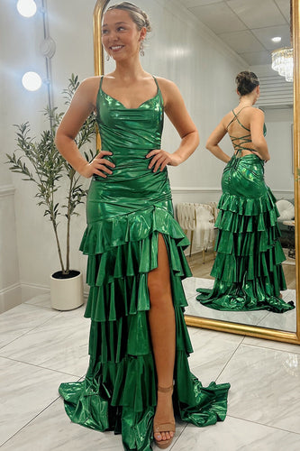 Metallic Dark Green Spaghetti Straps Ruffled Sheath Long Prom Dress with Slit