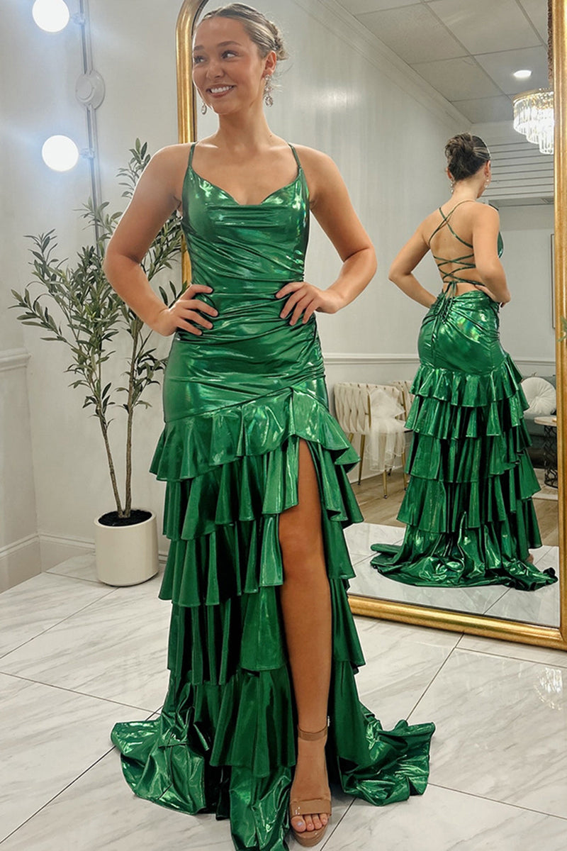 Load image into Gallery viewer, Metallic Dark Green Spaghetti Straps Ruffled Sheath Long Prom Dress with Slit