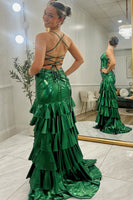 Load image into Gallery viewer, Metallic Dark Green Spaghetti Straps Ruffled Sheath Long Prom Dress with Slit
