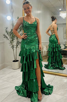 Load image into Gallery viewer, Metallic Dark Green Spaghetti Straps Ruffled Sheath Long Prom Dress with Slit