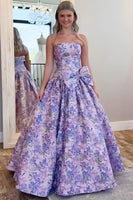 Load image into Gallery viewer, Purple Strapless A-Line Floral Long Prom Dress with Bow