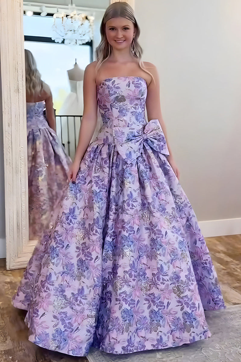 Load image into Gallery viewer, Purple Strapless A-Line Floral Long Prom Dress with Bow