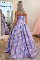 Load image into Gallery viewer, Purple Strapless A-Line Floral Long Prom Dress with Bow