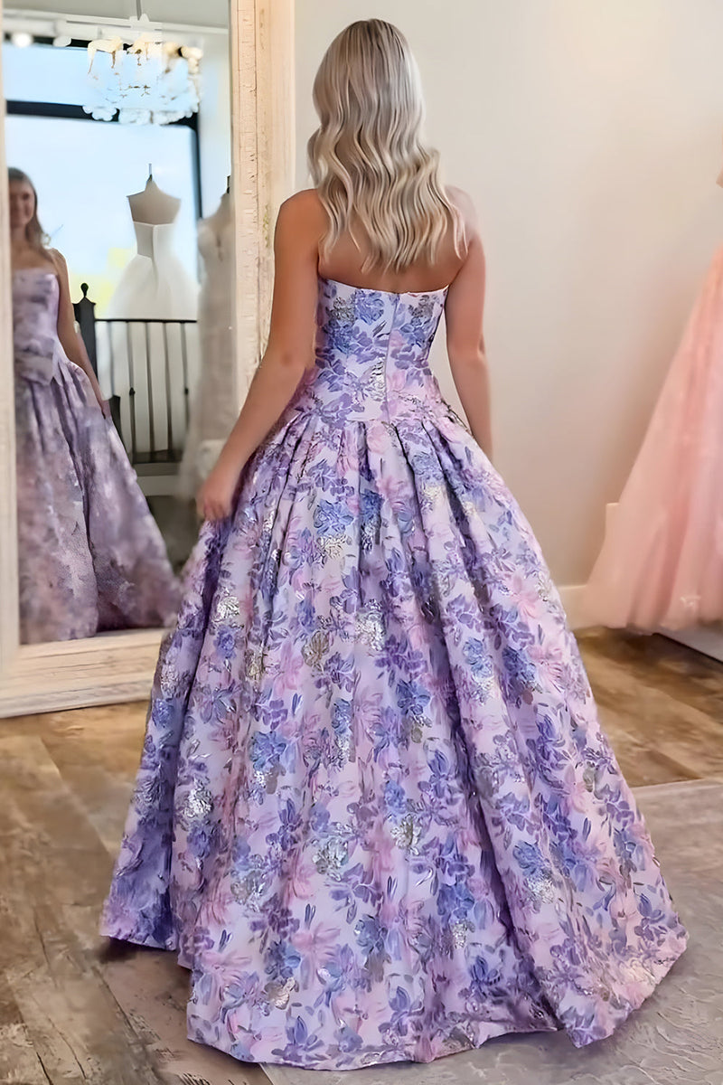 Load image into Gallery viewer, Purple Strapless A-Line Floral Long Prom Dress with Bow