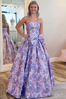 Load image into Gallery viewer, Purple Strapless A-Line Floral Long Prom Dress with Bow