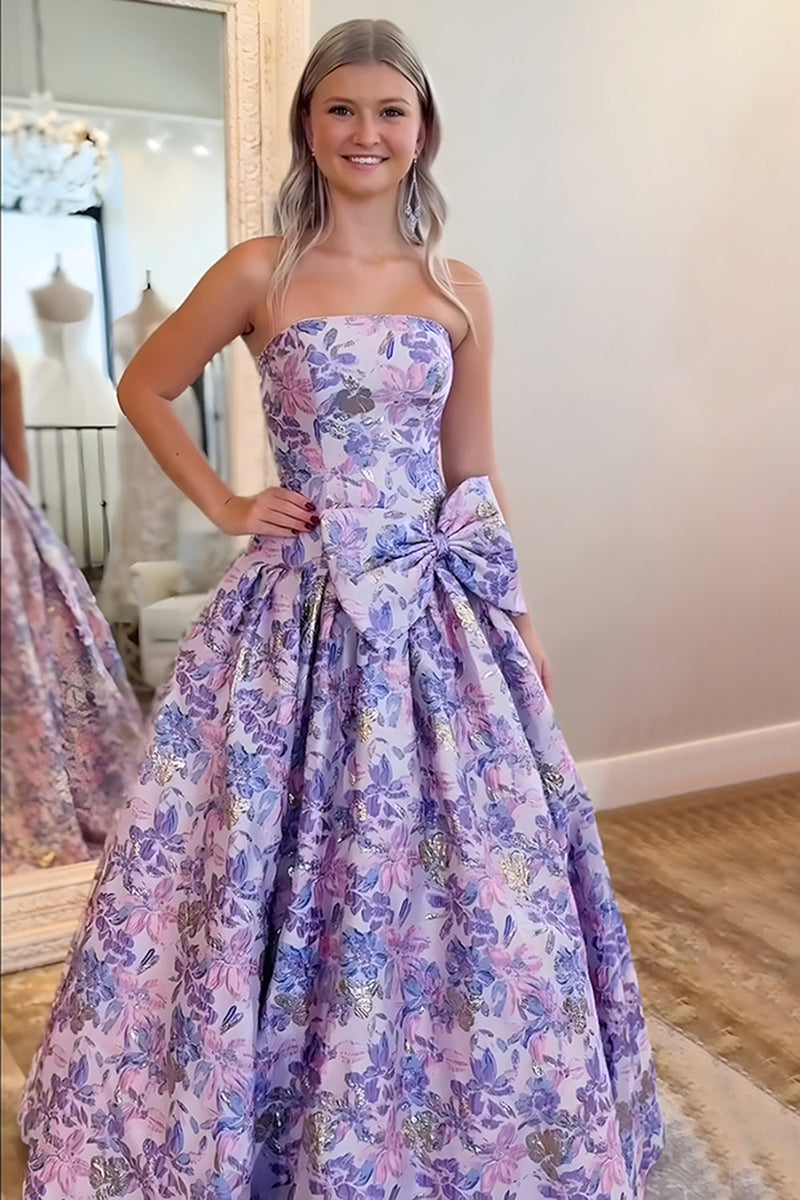 Load image into Gallery viewer, Purple Strapless A-Line Floral Long Prom Dress with Bow