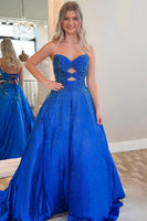 Load image into Gallery viewer, Royal Blue Strapless A-Line Beaded Long Prom Dress with Keyhole