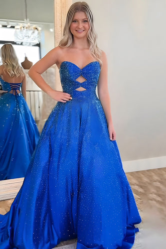Royal Blue Strapless A-Line Beaded Long Prom Dress with Keyhole